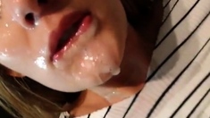 He fills her face with cum and she cums