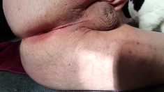 Fat man masturbates close up.