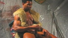 Muscled hunk sits on a chair and makes his shaft burst with pleasure