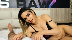 Blonde latina shemale enjoys sucking cock and anal sex